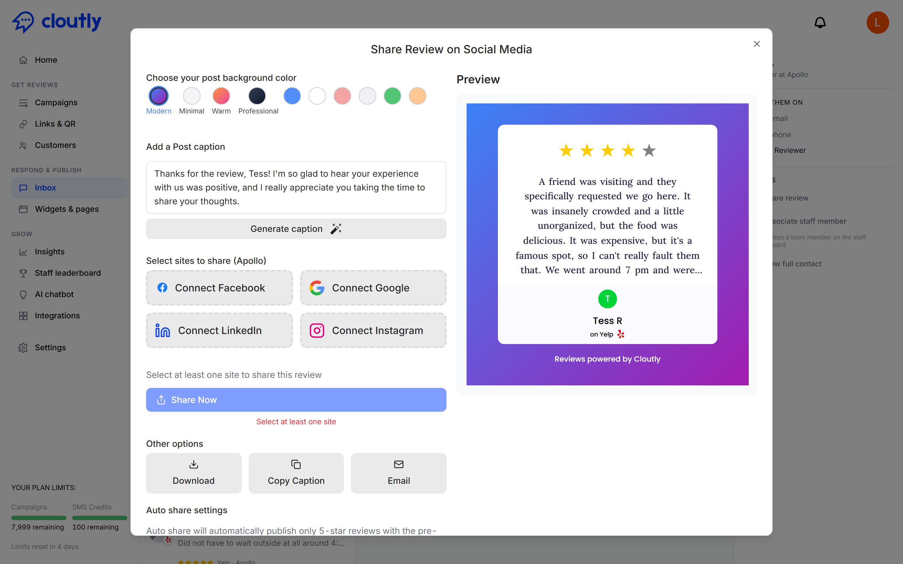 The Share Review modal, with background styles, a caption, platform buttons and a live preview