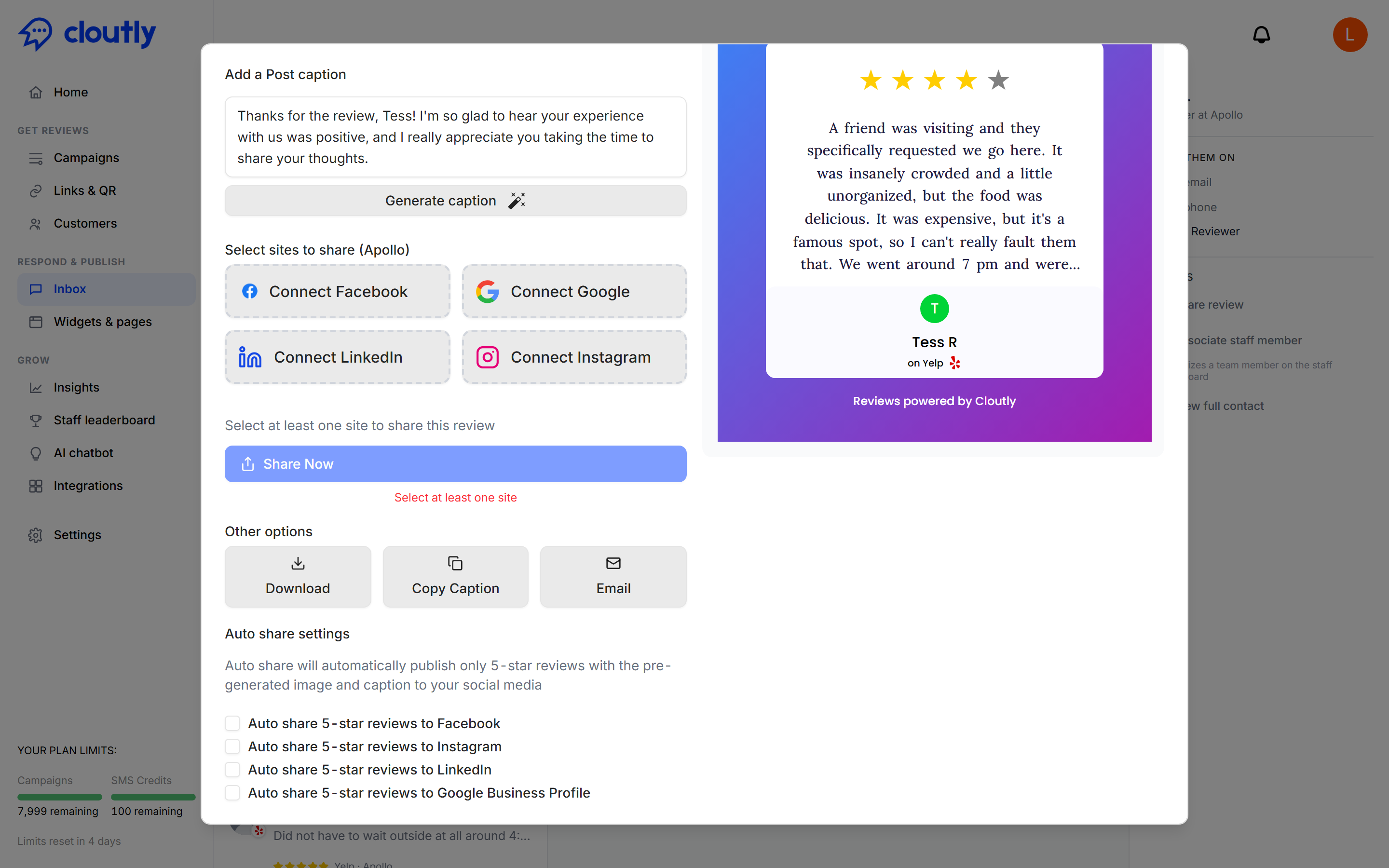 Auto share settings, with toggles for Facebook, Instagram, LinkedIn and Google Business Profile