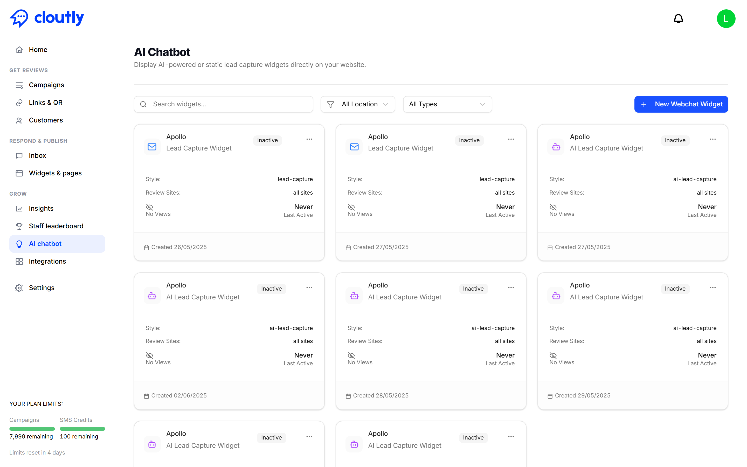 The AI Chatbot page, listing lead capture widgets with their type, status and activity