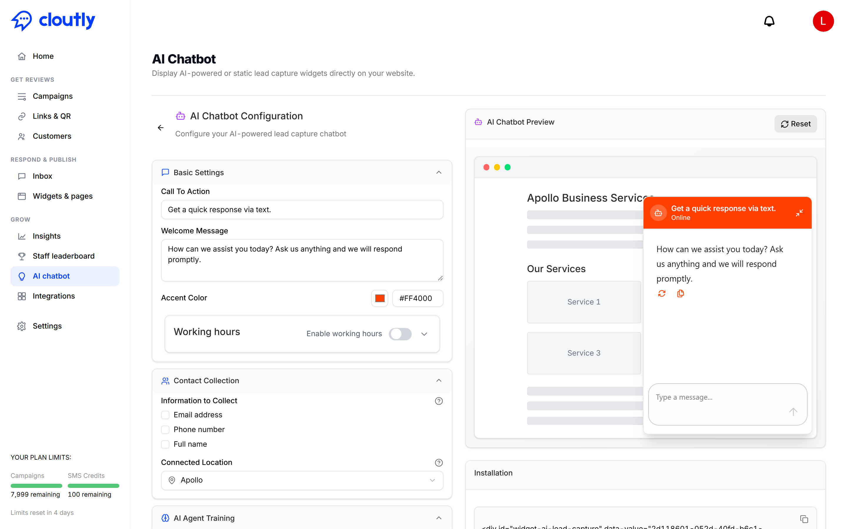 The AI Chatbot configuration screen, showing basic settings and working hours
