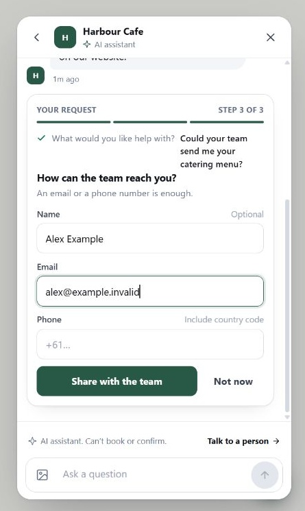 Visitor-initiated catering enquiry with fictional Alex Example contact details and Share with the team button.