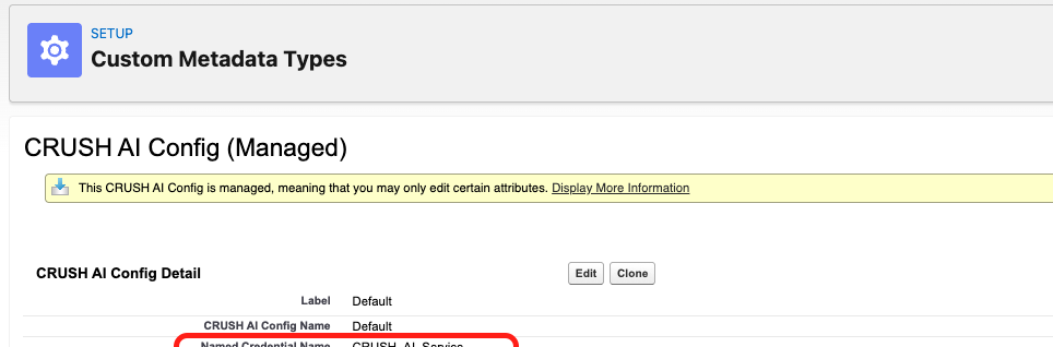 CRUSH AI Config Default with Named Credential Name set to CRUSH_AI_Service