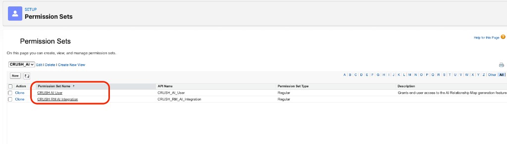 Permission Sets list showing CRUSH AI User and CRUSH RM AI Integration