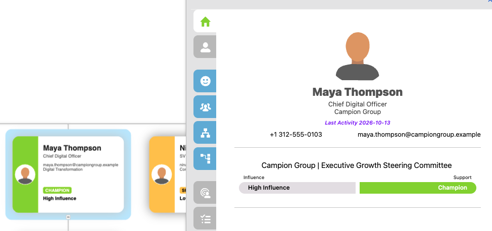 Contact card and detail panel with Influence and Support set