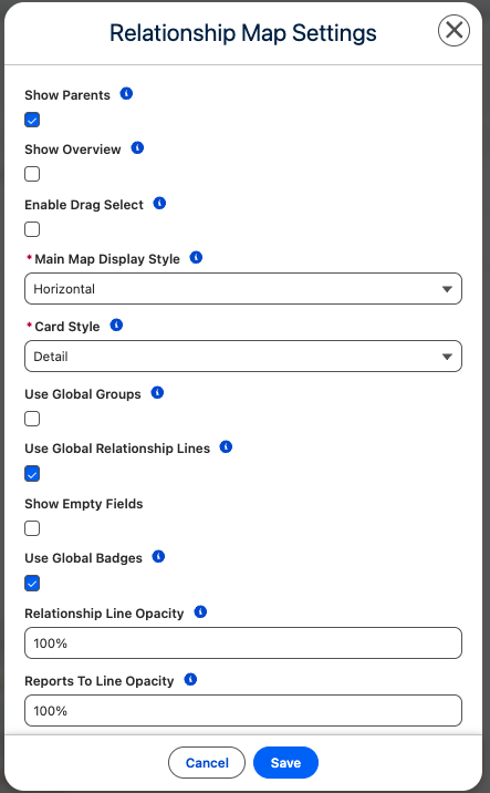 Relationship Map chart settings with Display Style and Card Style