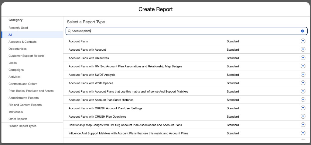 New Report search for Account plans