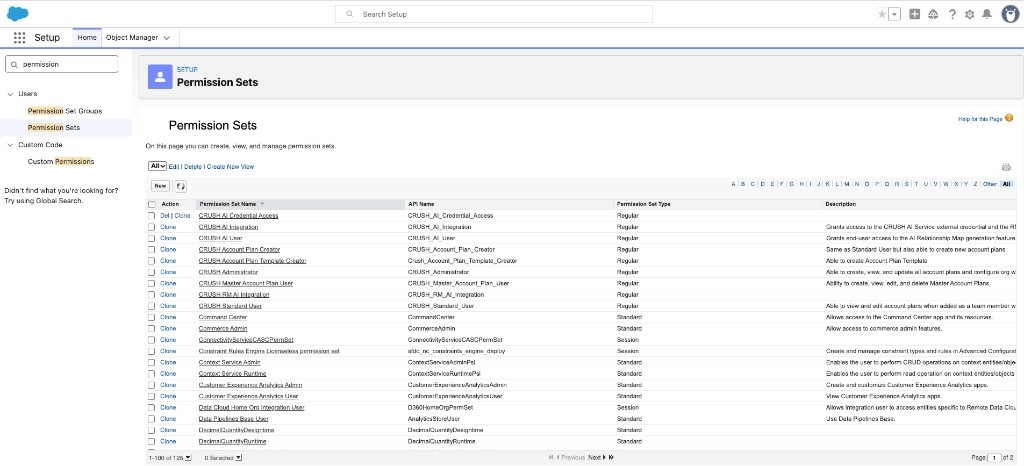 Permission Sets list showing Crush and Relationship Map sets