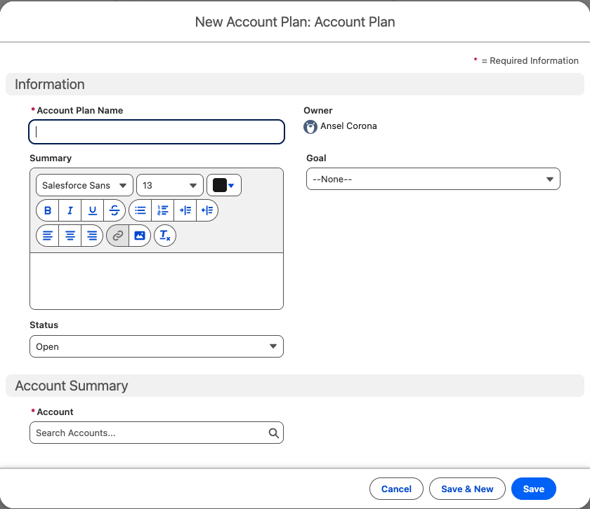 New Account Plan form with Account, name, summary, status, and goal
