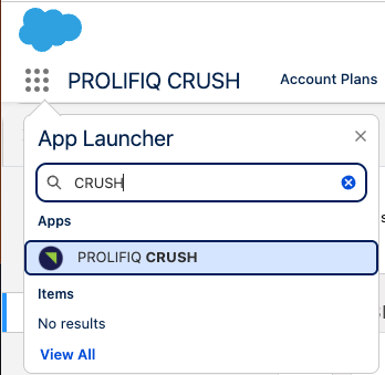 App Launcher search showing PROLIFIQ CRUSH