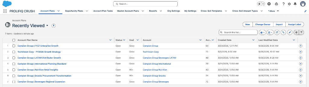 Account Plans tab with Campion Group plans