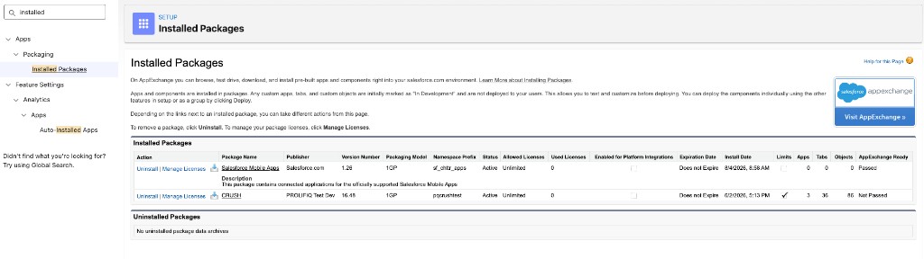 Installed Packages list showing Crush
