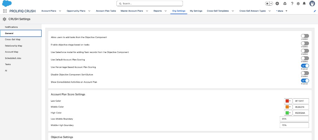 Org Settings General tab with scoring and objective options