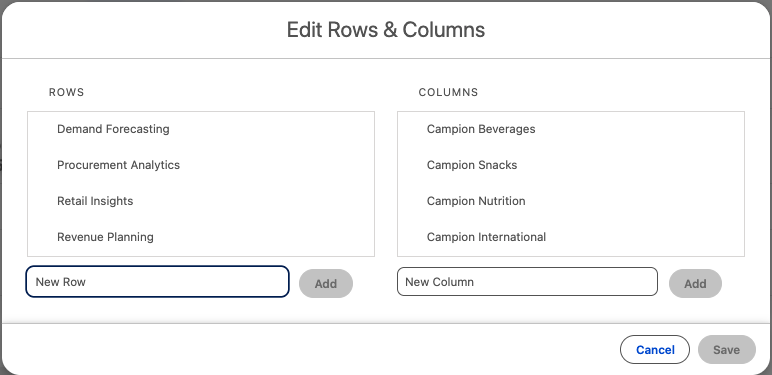 Edit Rows and Columns dialog for a Cross-Sell Map
