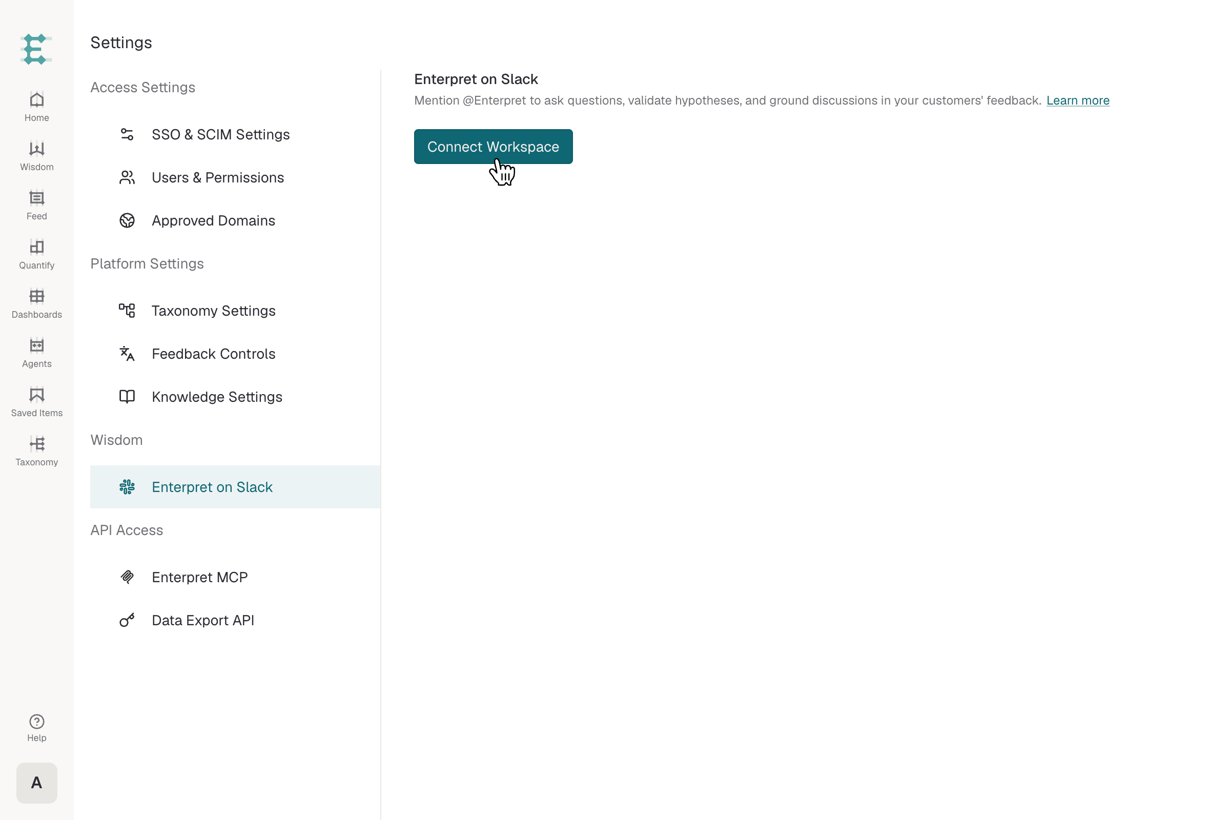 Enterpret Settings page showing the Enterpret on Slack section with a pointer cursor on the Connect Workspace button.
