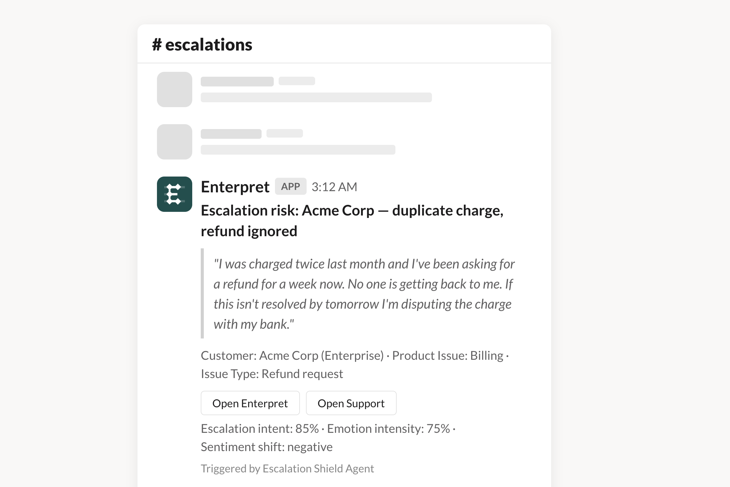 Slack channel #escalations showing an Escalation Shield alert from Enterpret. The alert flags an escalation risk for Acme Corp regarding a duplicate charge and ignored refund, with a customer quote, metadata, action buttons, and escalation intent scores.