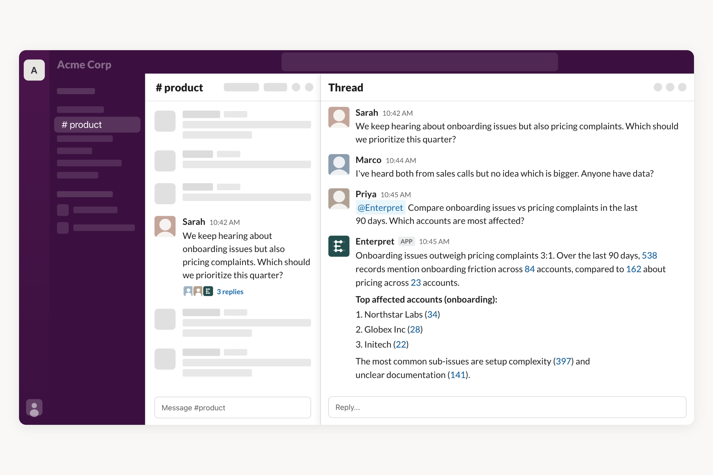 Slack workspace showing a #product channel thread where a team member @mentions Enterpret to compare onboarding issues versus pricing complaints. Enterpret responds with a data-backed comparison citing 538 records for onboarding across 84 accounts versus 162 for pricing across 23, with a breakdown of top affected accounts.