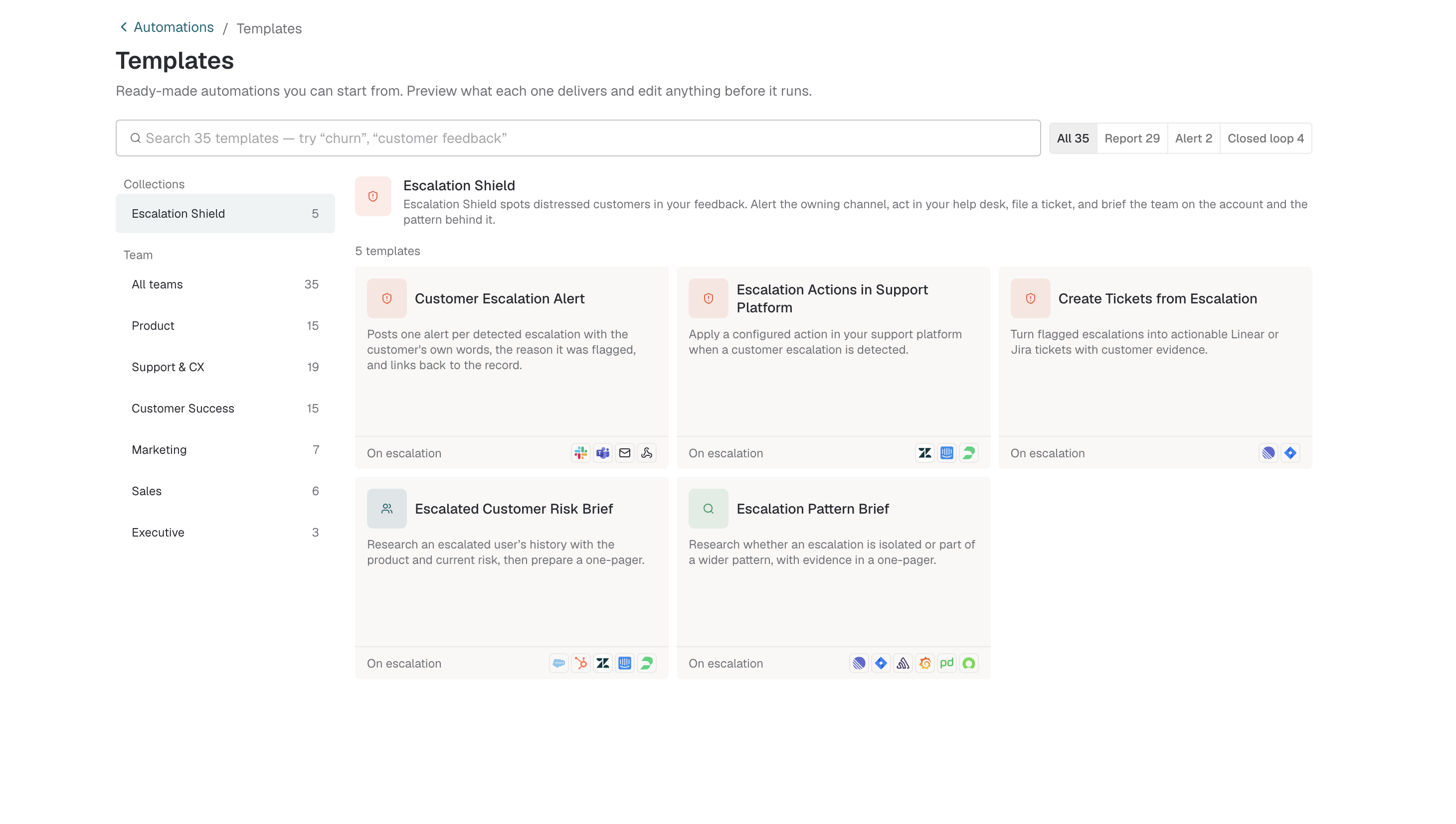 Escalation Shield automation templates in Enterpret