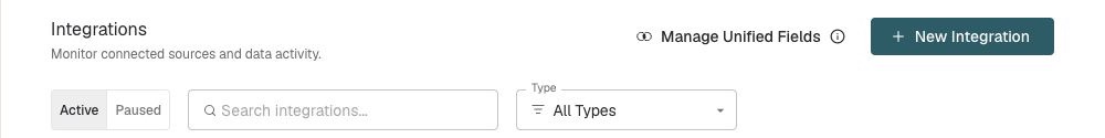 Integrations page with New Integration in the top-right corner.