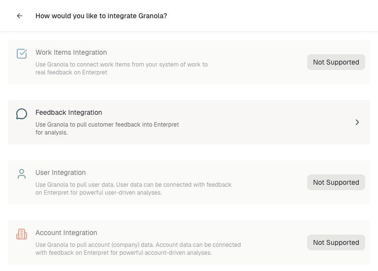 Granola integration options with Feedback Integration available.