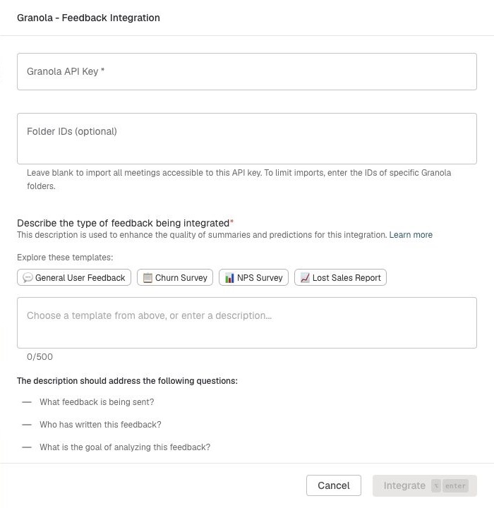Granola feedback integration form with API key, optional folder IDs, and required feedback description