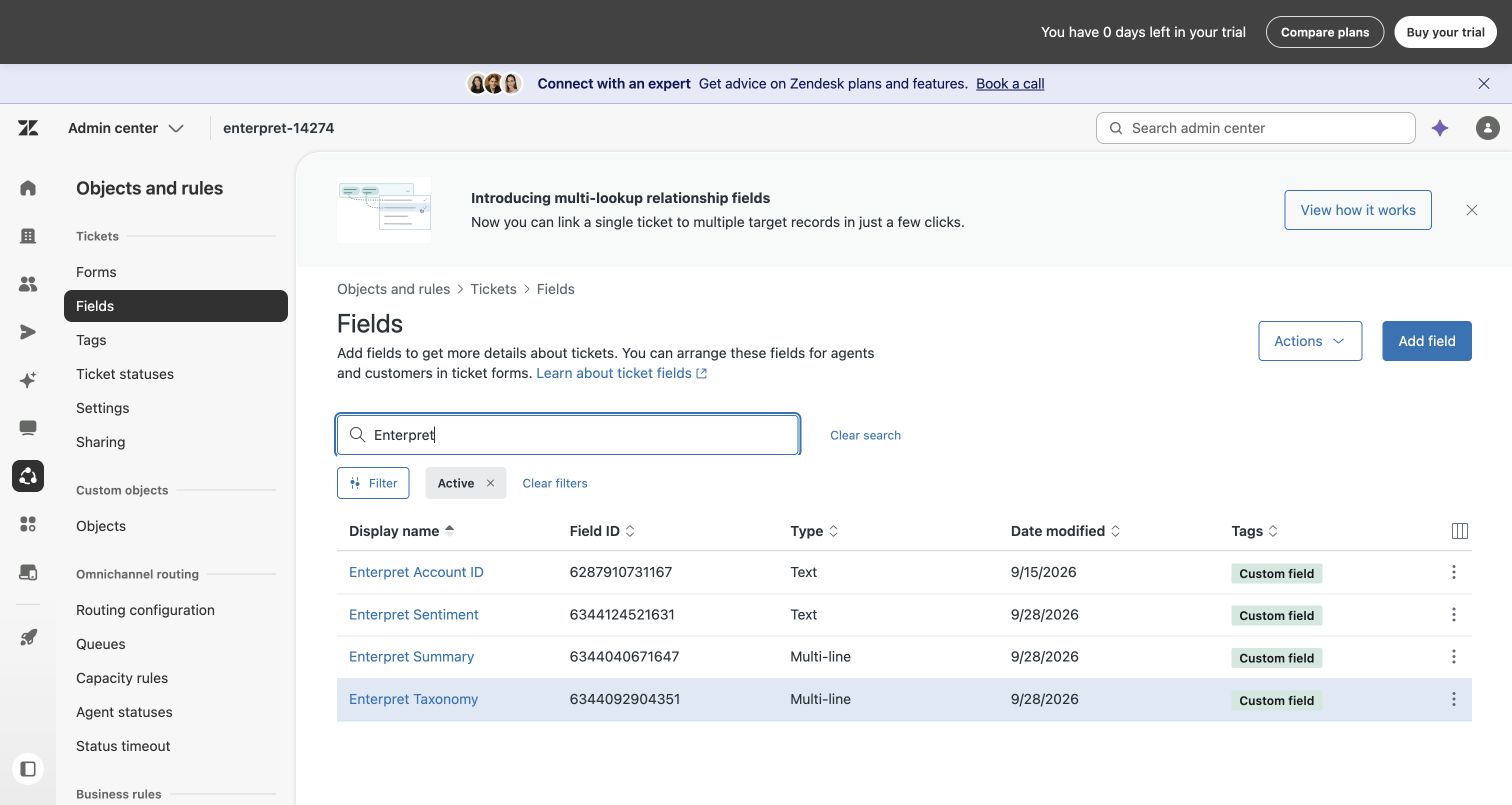 Zendesk custom ticket fields for Enterpret Summary, Sentiment, and Taxonomy