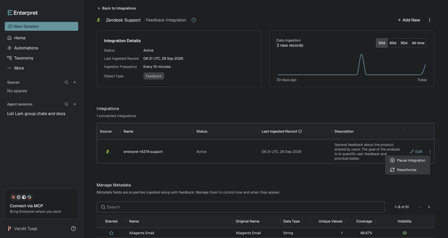 Zendesk Support integration menu with Reauthorize option