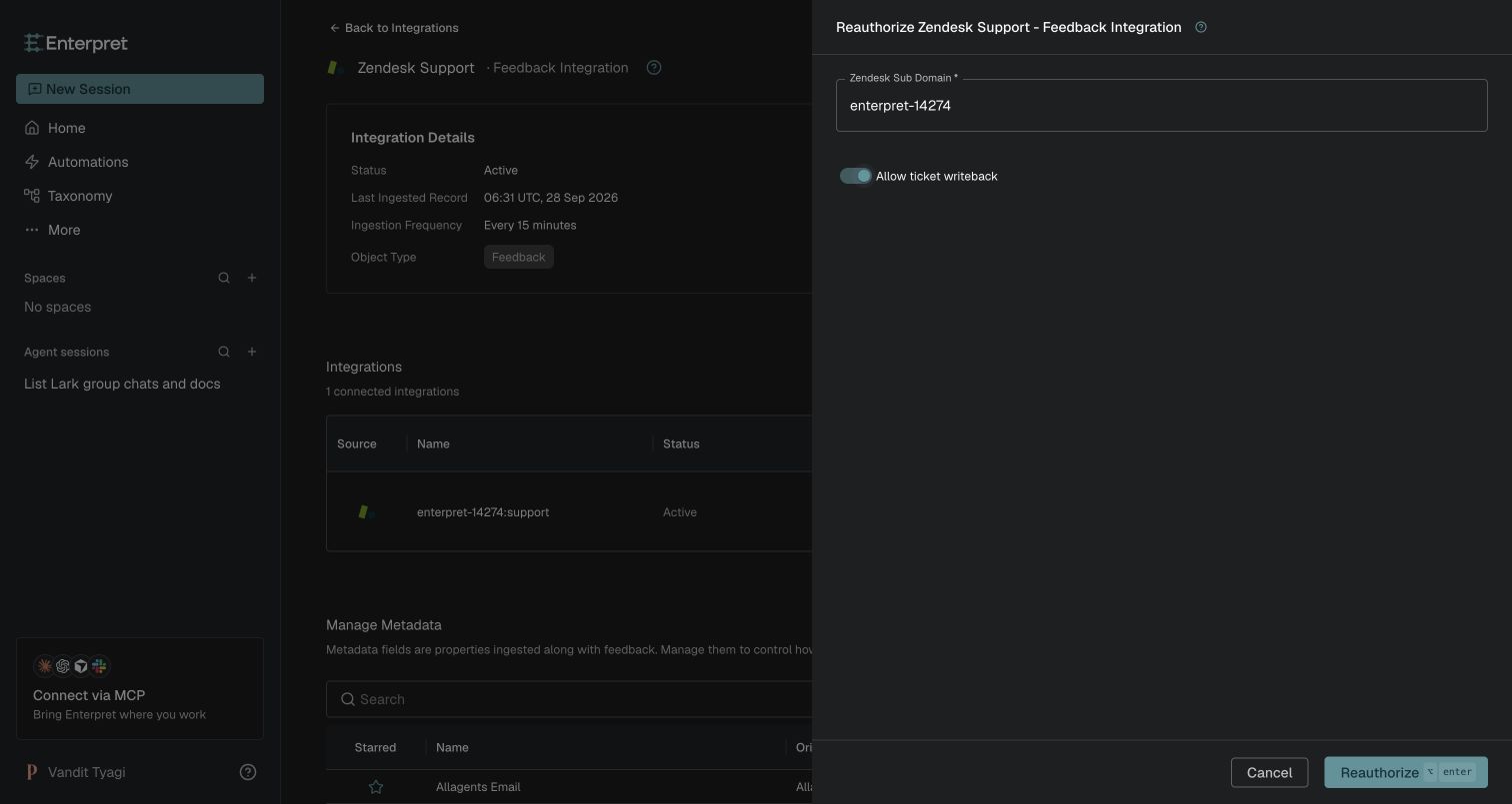 Zendesk reauthorization panel with Allow ticket writeback enabled