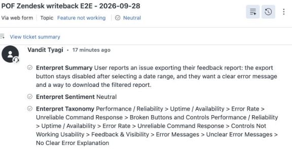 Zendesk ticket activity showing Enterpret Summary, Sentiment, and Taxonomy
