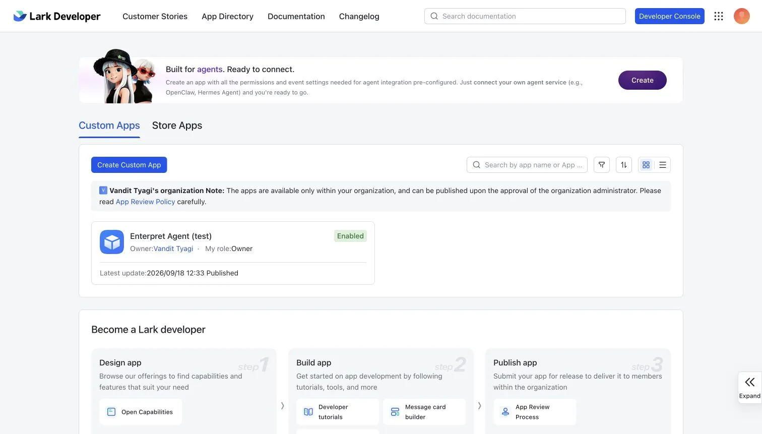 Lark Developer Console showing the custom app list
