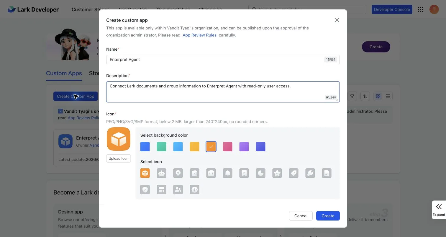 Example Create Custom App form