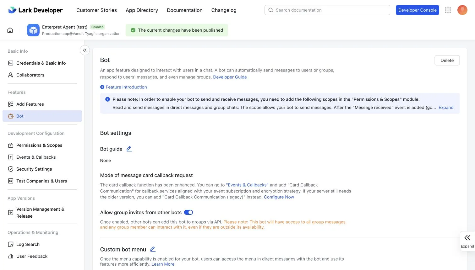 Bot capability enabled in the test app