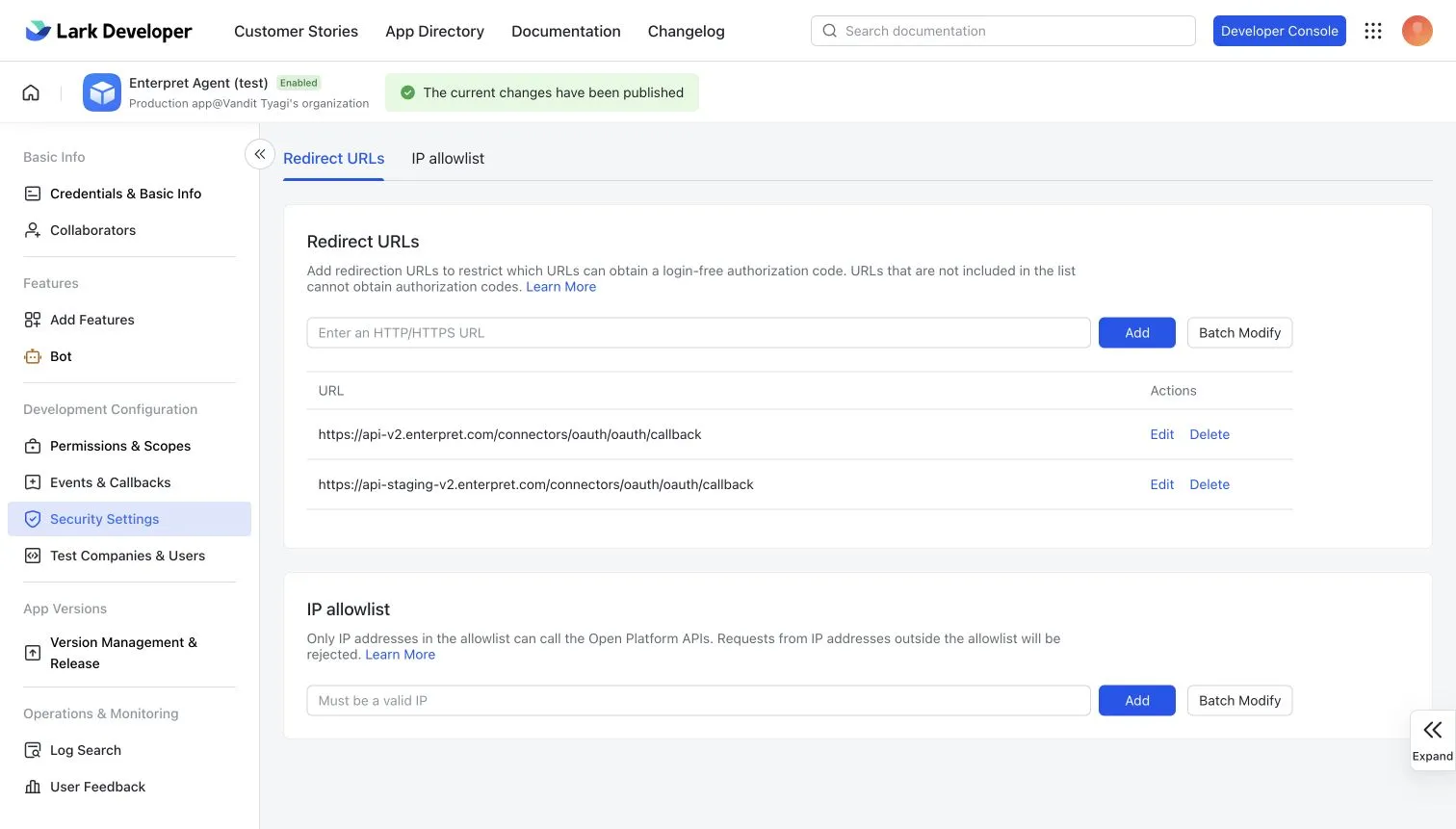 Security Settings redirect URL list. Use the complete api-v2 URL shown above.