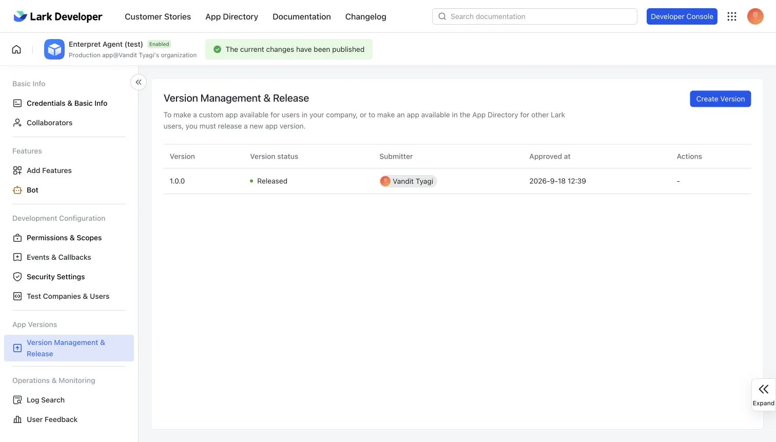 Version Management showing a released app version