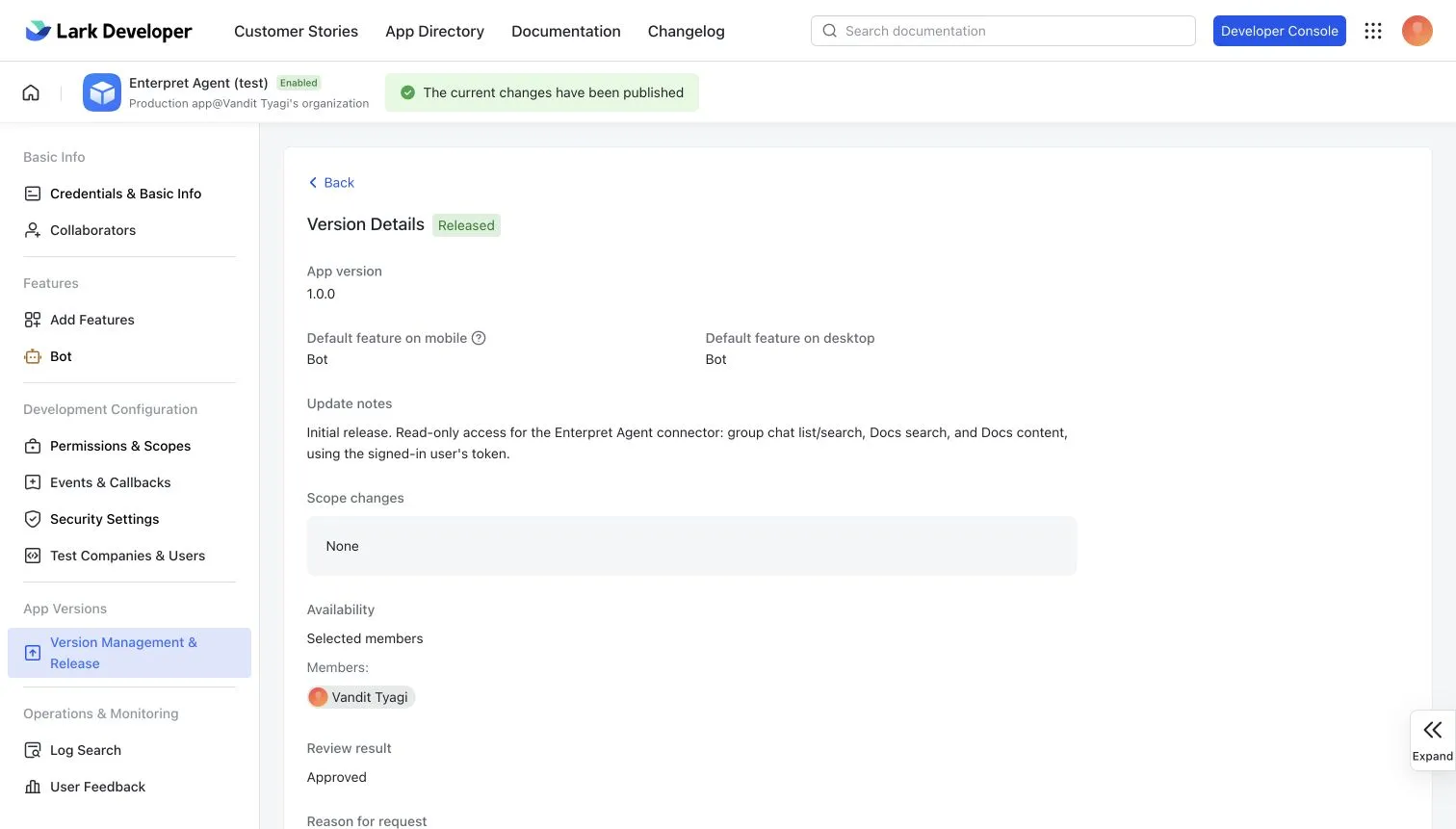 Approved release and selected-user availability