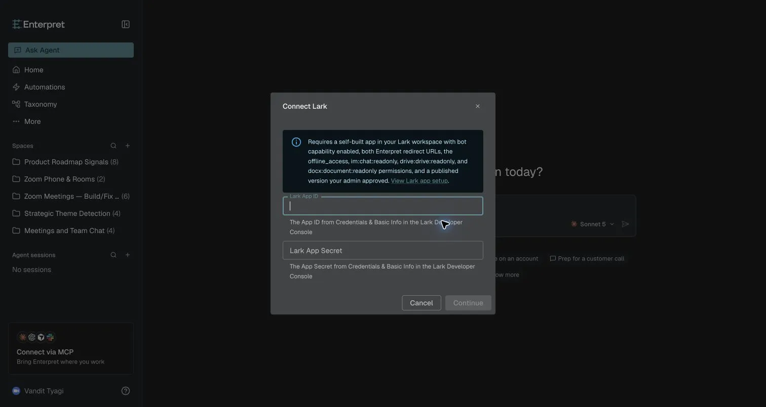 Enterpret Connect Lark form before entering credentials