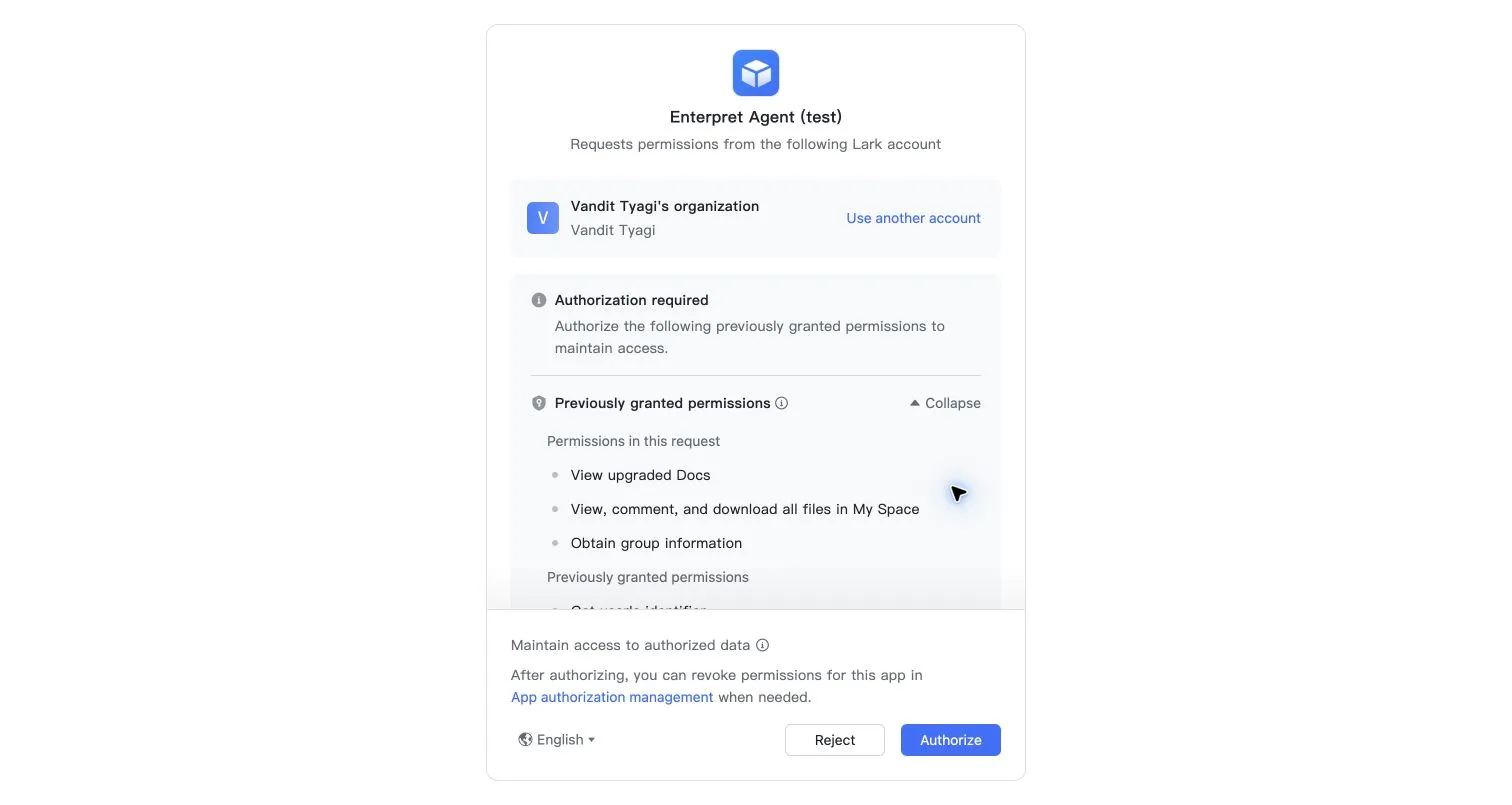 Lark authorization screen with requested permissions expanded
