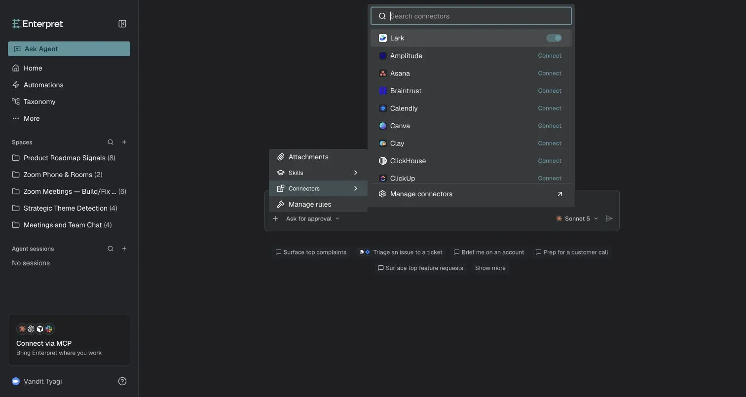 Lark connected and enabled in the Enterpret composer