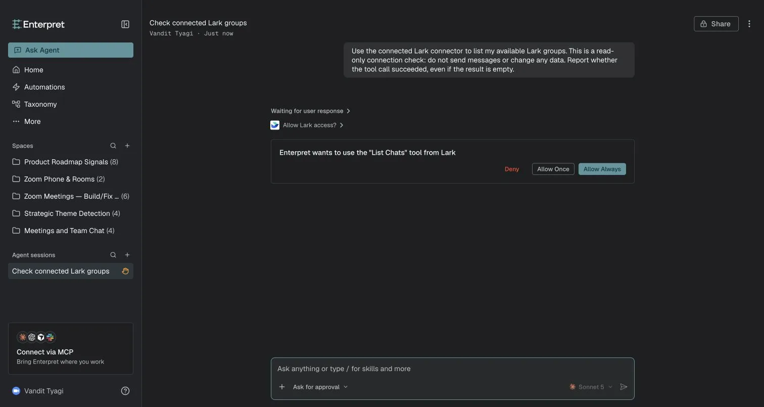Enterpret asking for approval for one List Chats call