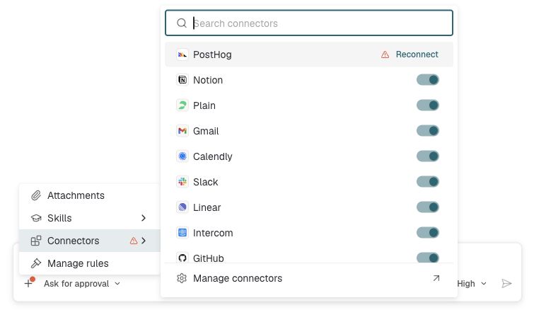 Enterpret Agent Connectors panel with connected app toggles, a Reconnect action, and Manage connectors.