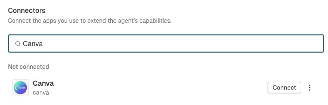Connector catalog search for Canva, showing its Not connected status and Connect button.