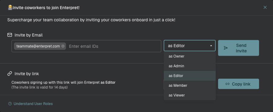 Invite Users role dropdown showing Owner, Admin, Editor, Member, and Viewer options.