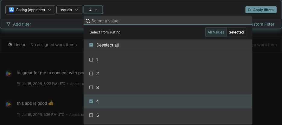 Rating (Appstore) metadata filter with the equals operator and rating 4 selected.