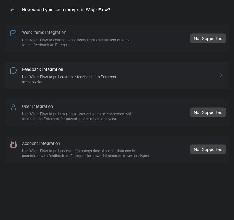 Choose Feedback Integration for Wispr Flow.