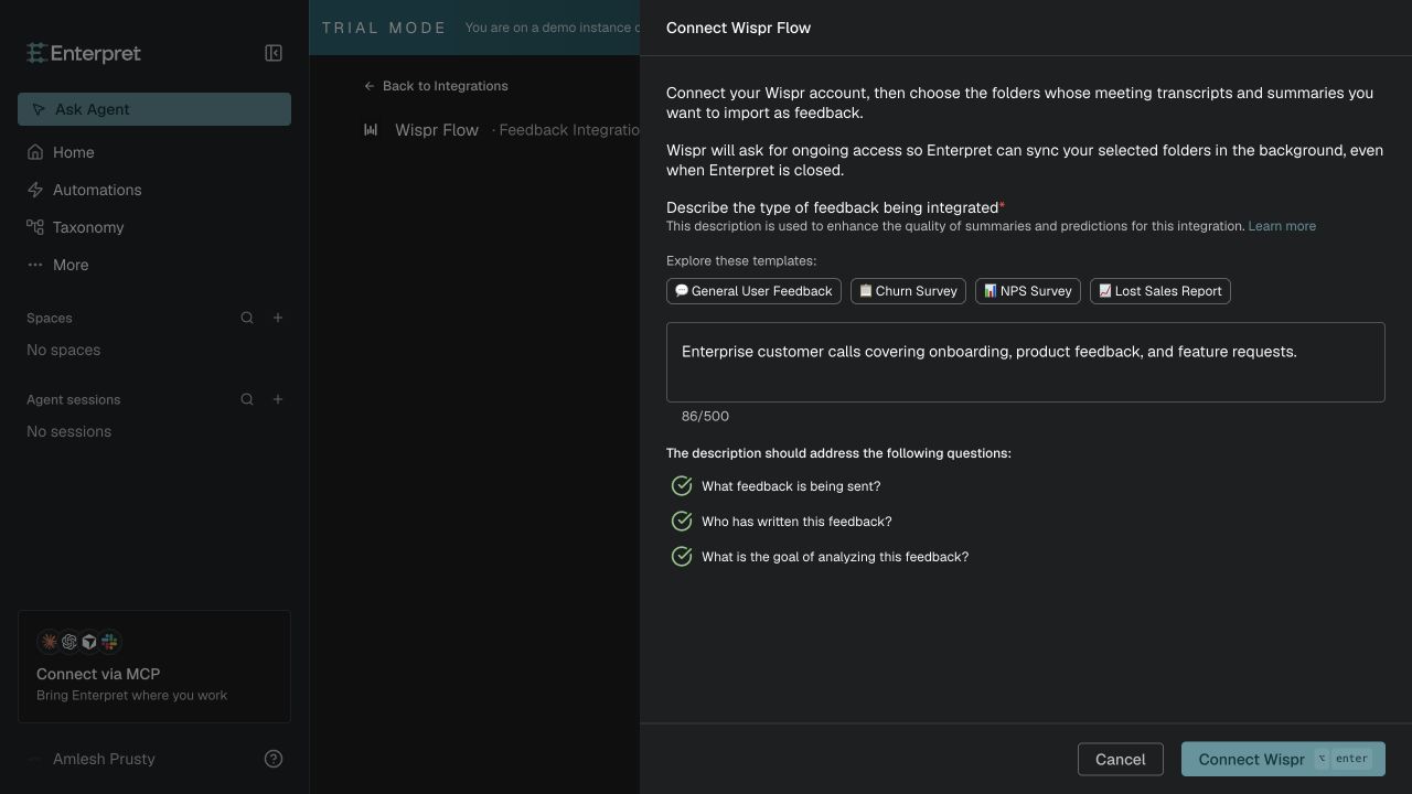 Add a feedback description in the Connect Wispr Flow panel, then select Connect Wispr.
