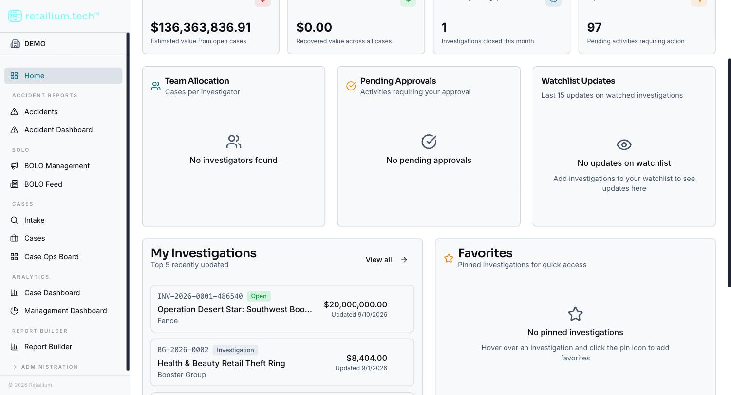 The Home Dashboard showing KPI tiles, role tiles, and the recent cases list