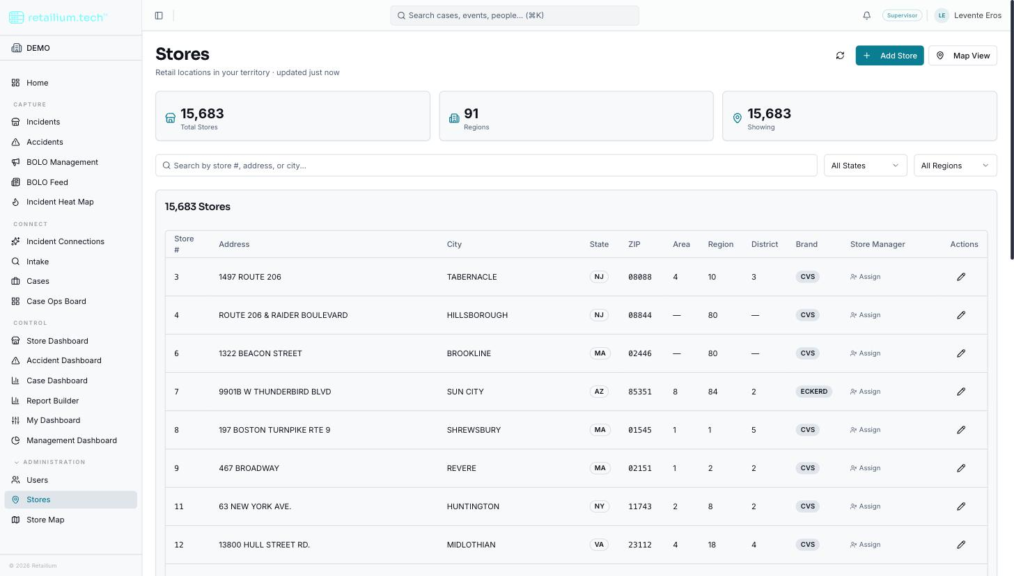 The stores list with the statistics cards, filters, and store rows