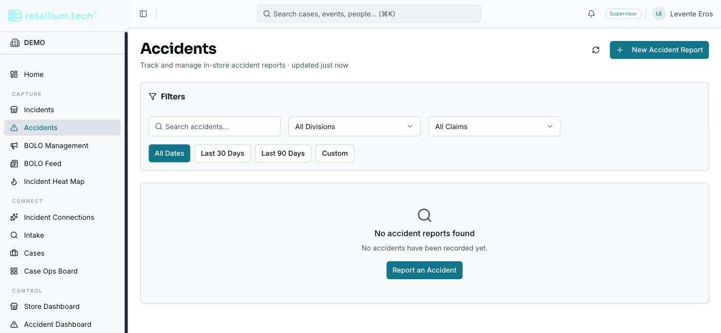 The Accidents list with its search box, division and claim filters, and date-range presets. This demo organization has no accident reports recorded yet.