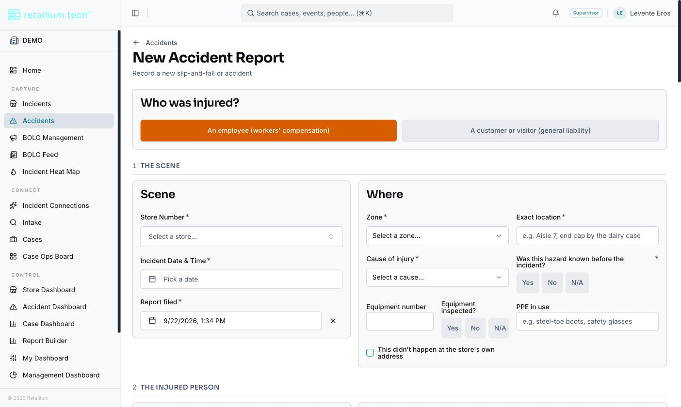 The New Accident Report form with the workers'-compensation track selected. Required fields are marked with an asterisk.