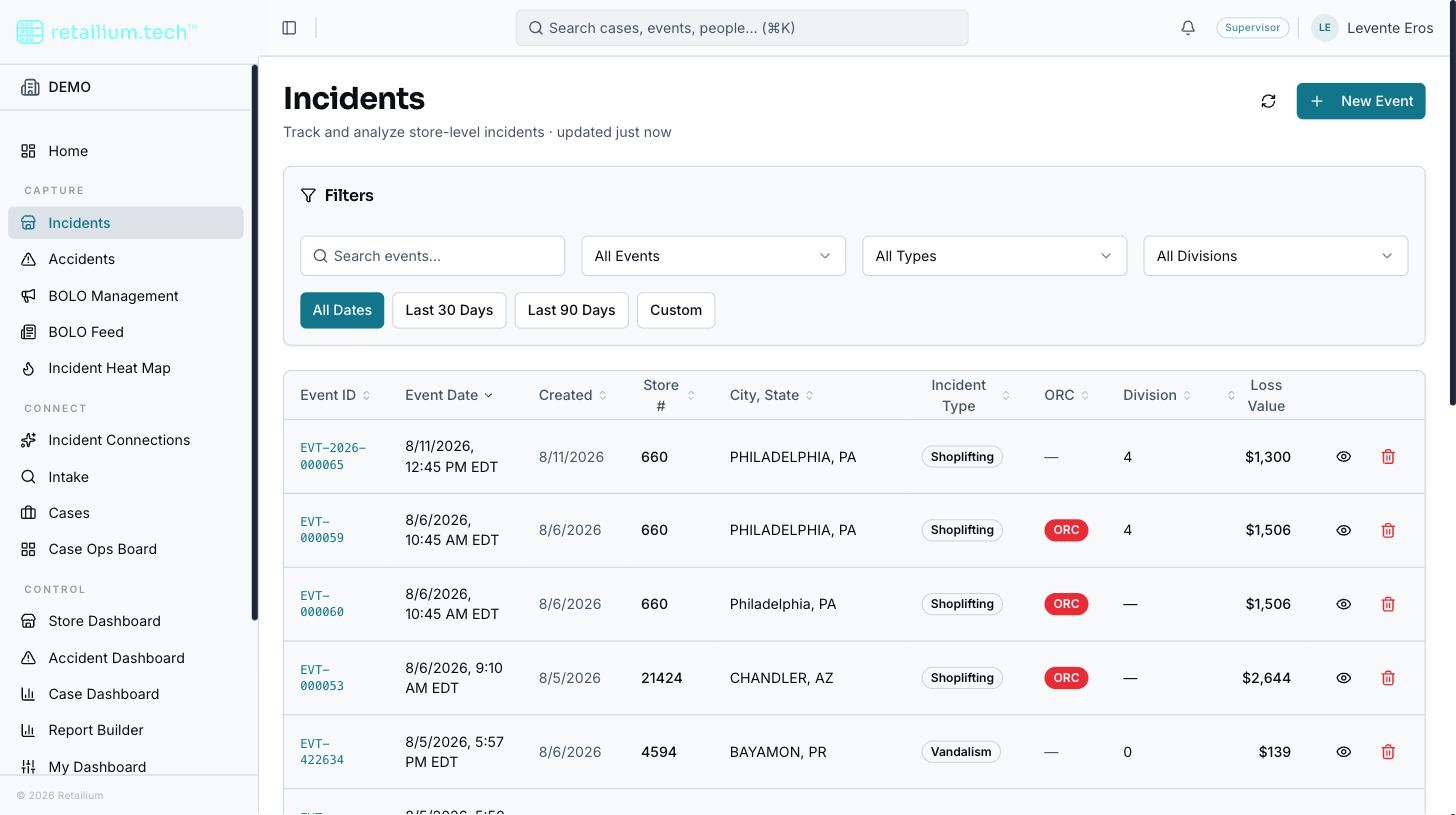 The Incidents list with the search box, filter controls, and a page of incident rows