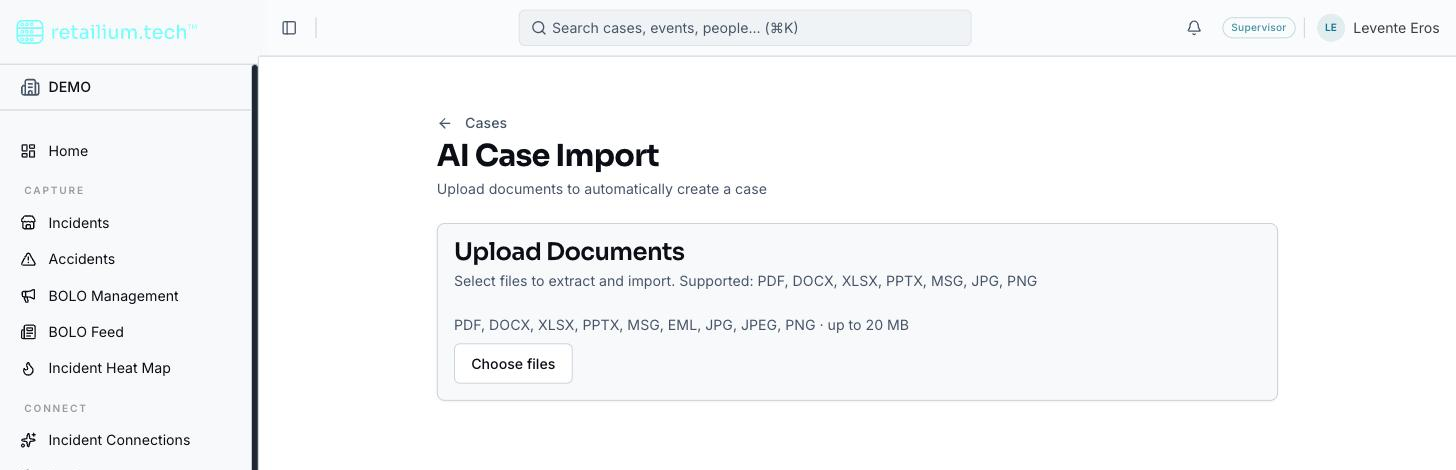 The AI Case Import screen, ready to upload the documents a case will be built from